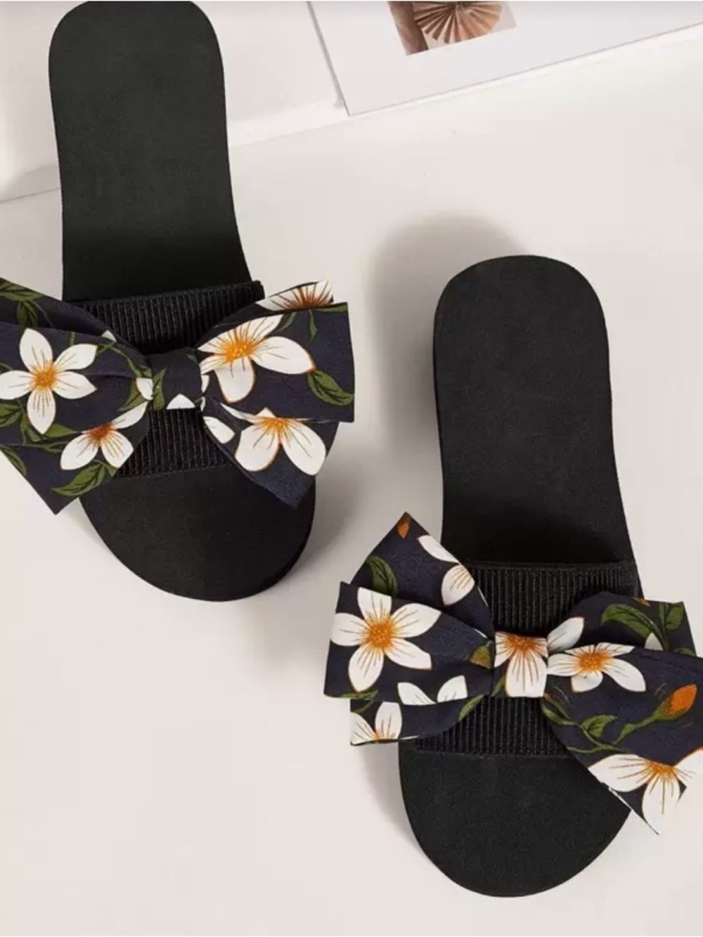 Black Floral Bow Slide Sandals - Women